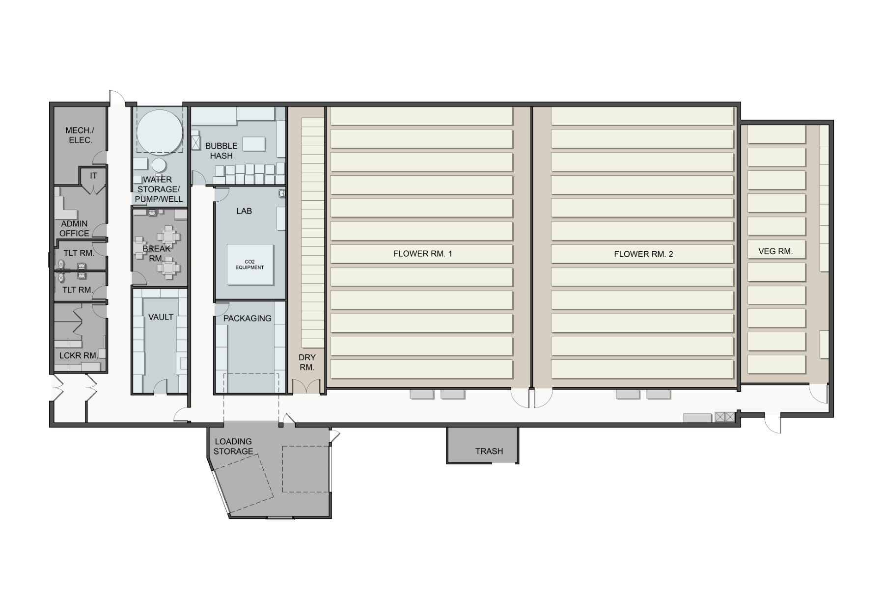 Coyote Cannabis Cultivation in Uxbridge, MA. Reception Area, designed by Hardaway Sziabowski Architects.