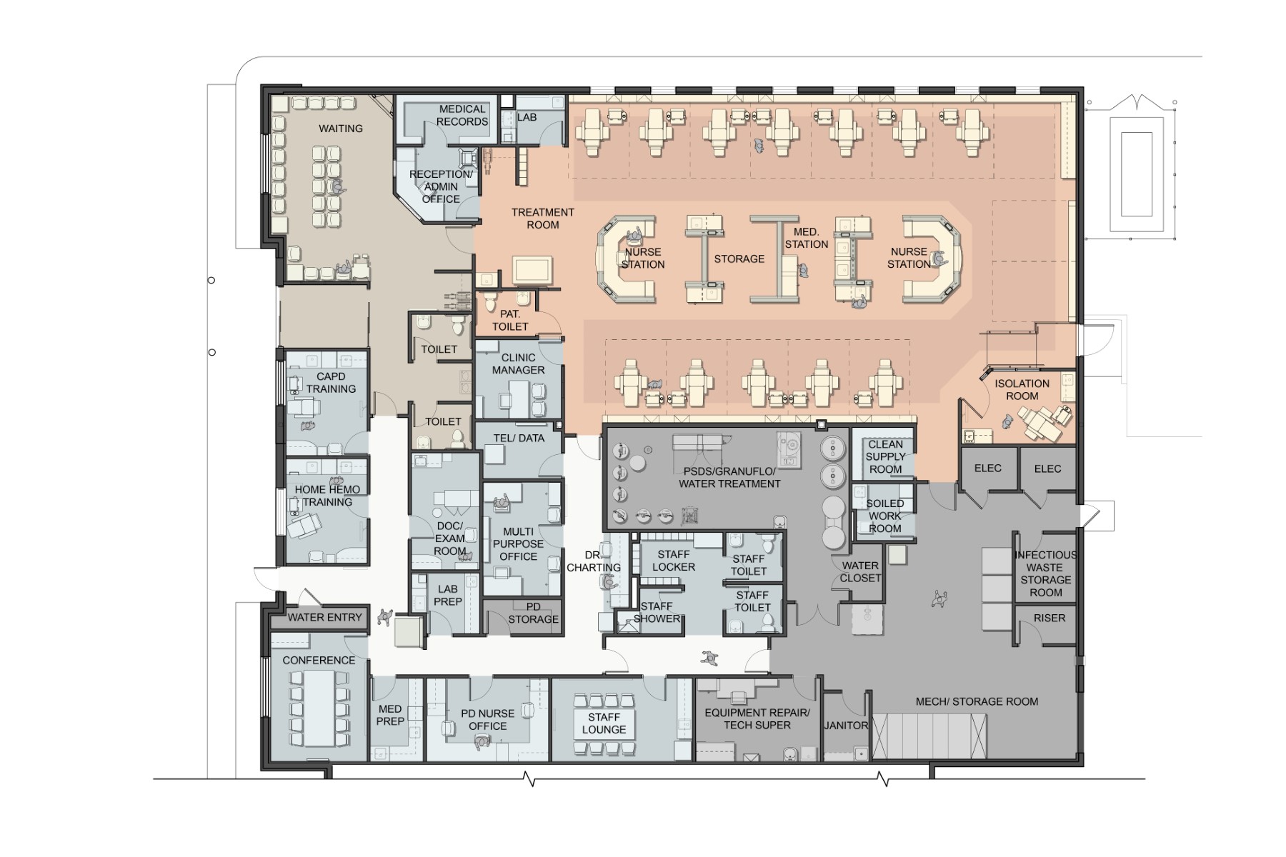 FMC Danvers in Danvers, MA. Reception Area, designed by Hardaway Sziabowski Architects.