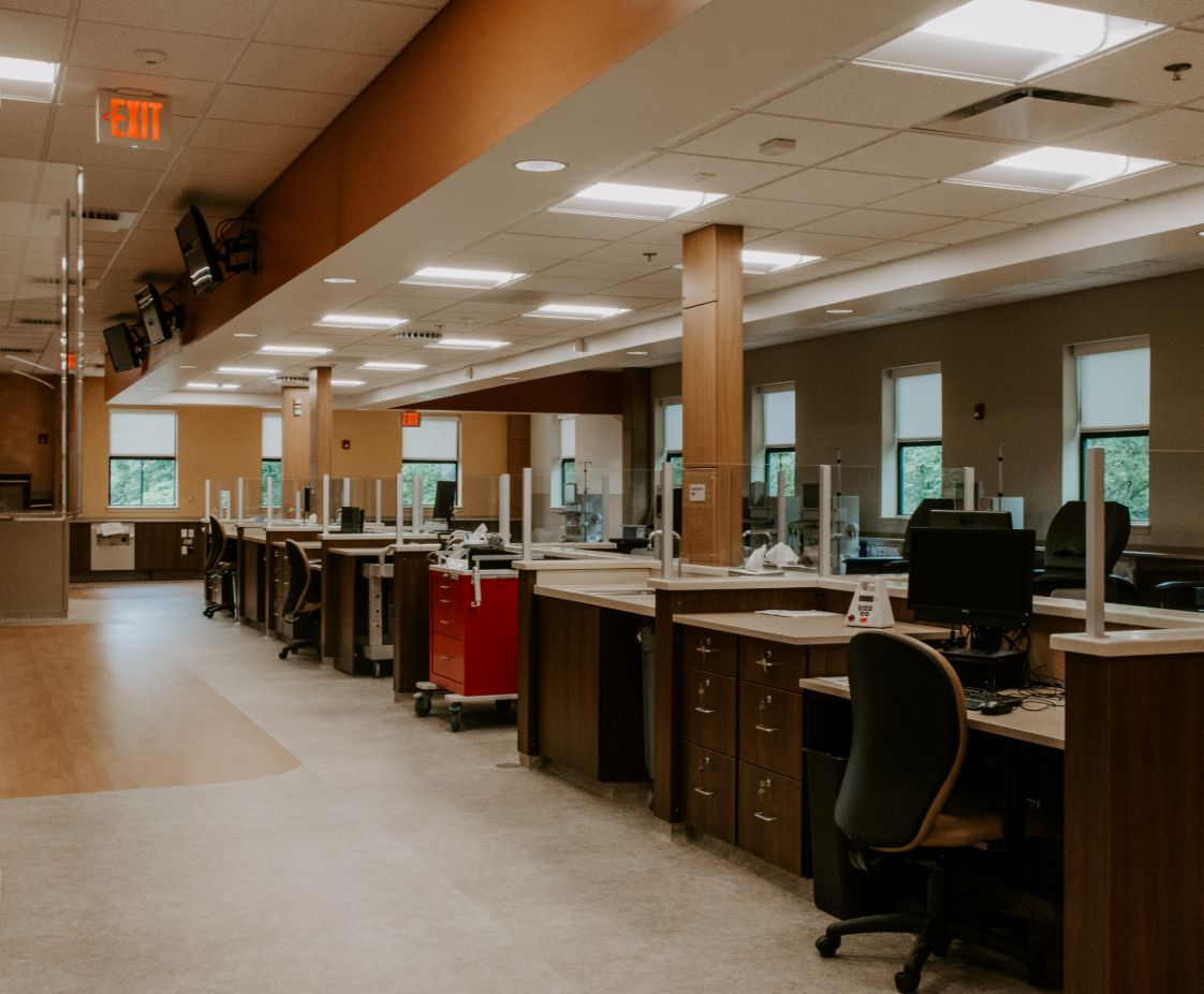 Fresenius Gardiner	 in Gardiner, ME. Reception Area, designed by Hardaway Sziabowski Architects.
