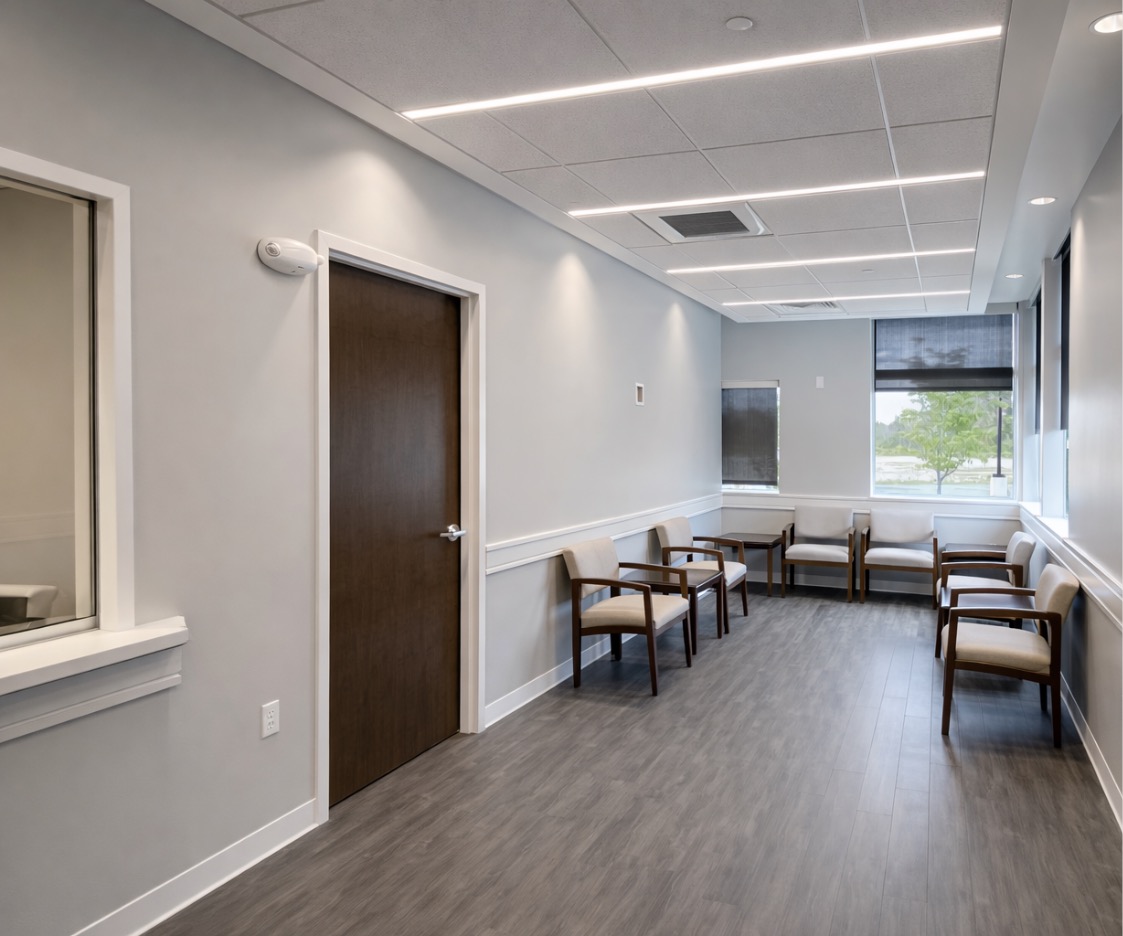 Harbor Interventional Pain Center in Newington, New Hampshire. Reception Area, designed by Hardaway Sziabowski Architects.